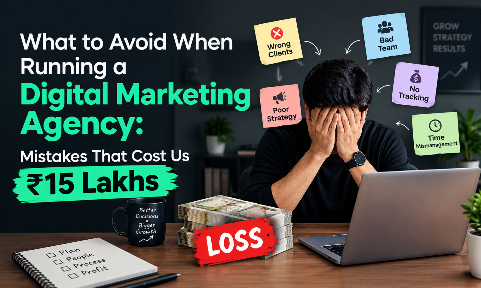 Digital marketing agency owner reviewing mistakes after a startup failure