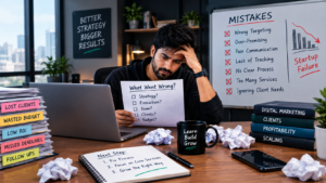 Digital marketing agency owner reviewing mistakes after a startup failure