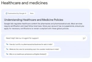 Google Ads healthcare campaign showing targeting restrictions and compliance requirements