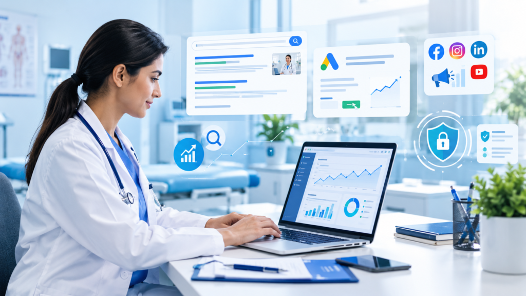 Healthcare digital marketing with SEO, Google Ads, Meta advertising and patient privacy